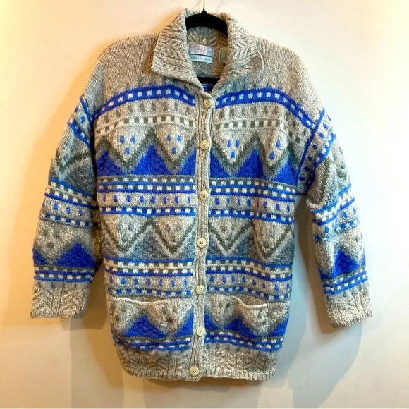 SEGRETS SUN PRINTS Sz L Wool Cotton Blend Hand Knitted Drop Shoulder  Cardigan - Picture 1 of 13